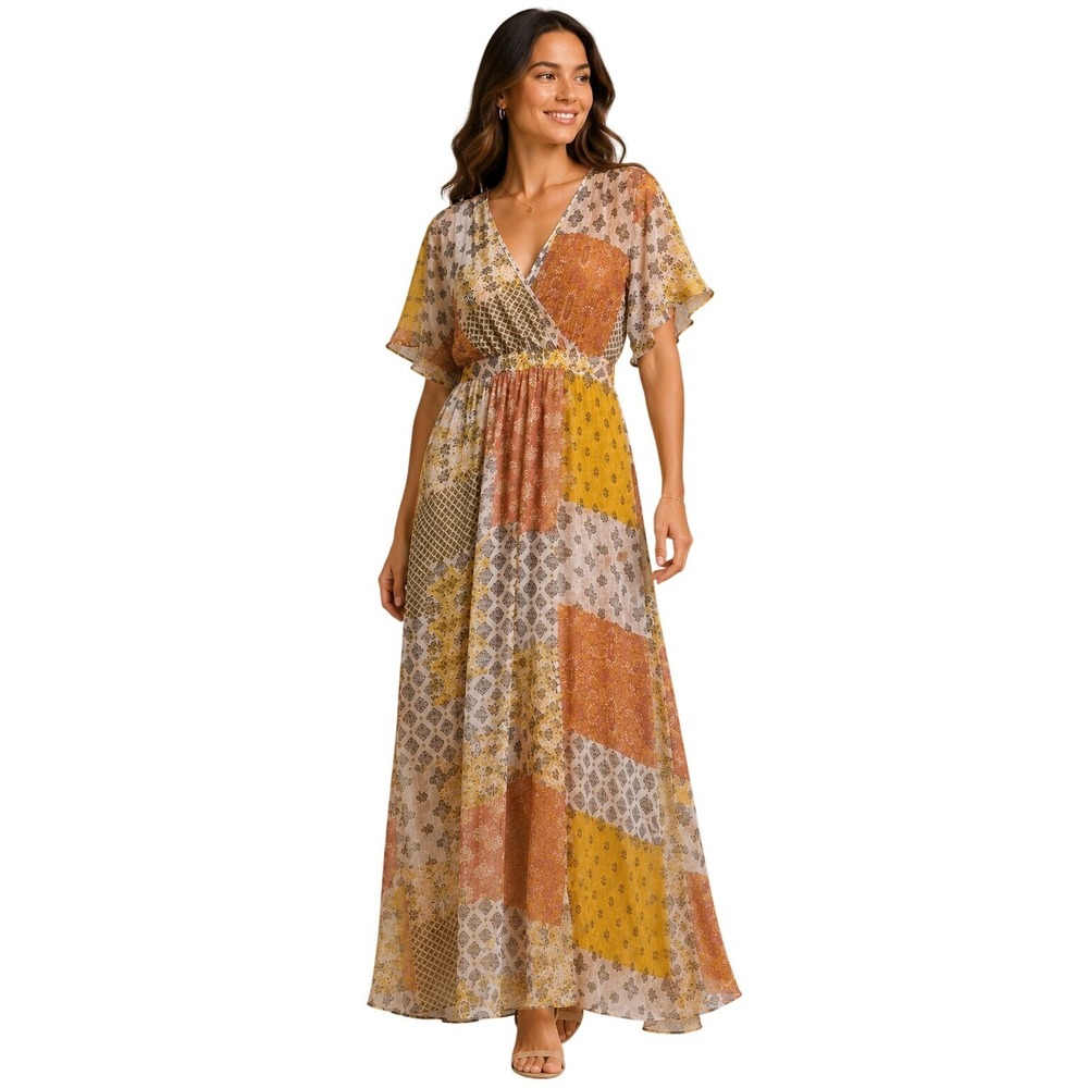 Love Fire Maxi Dress Womens XS Multicolor Patchwork Boho V-Neck Flutter Sleeve